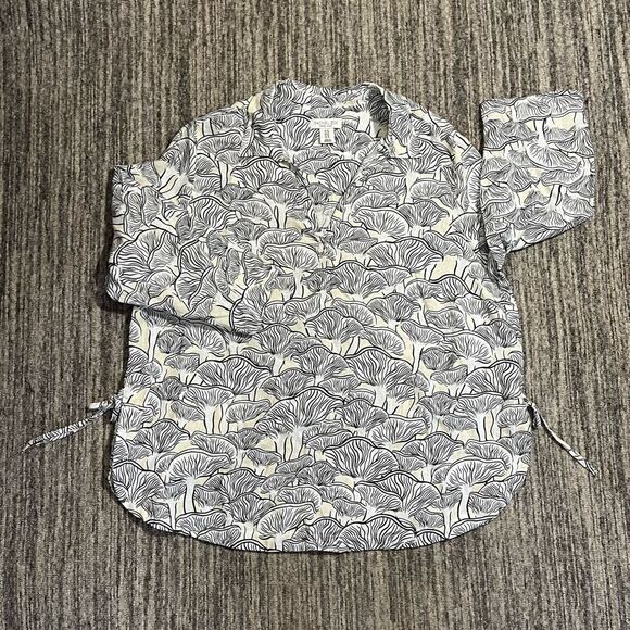 Rachel Zoe Women's Size 1X Plus 100% Linen Black Cream Mushroom Pattern Blouse - Picture 1 of 6